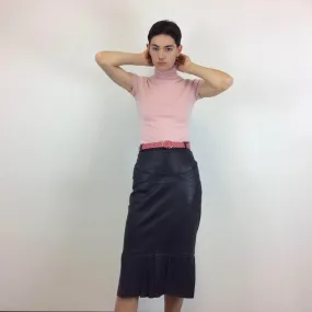1990s High-Waisted Black Leather Midi Skirt XS/S