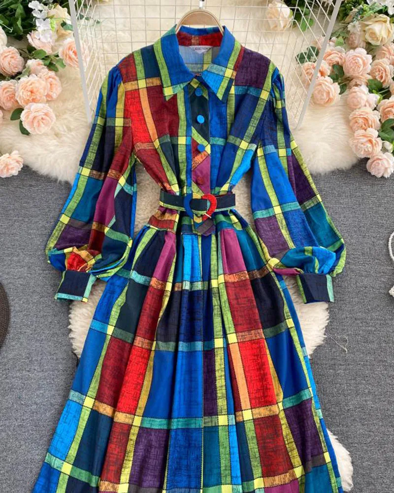 Amazing plaid long sleeve shirt dress fashion dress  1014