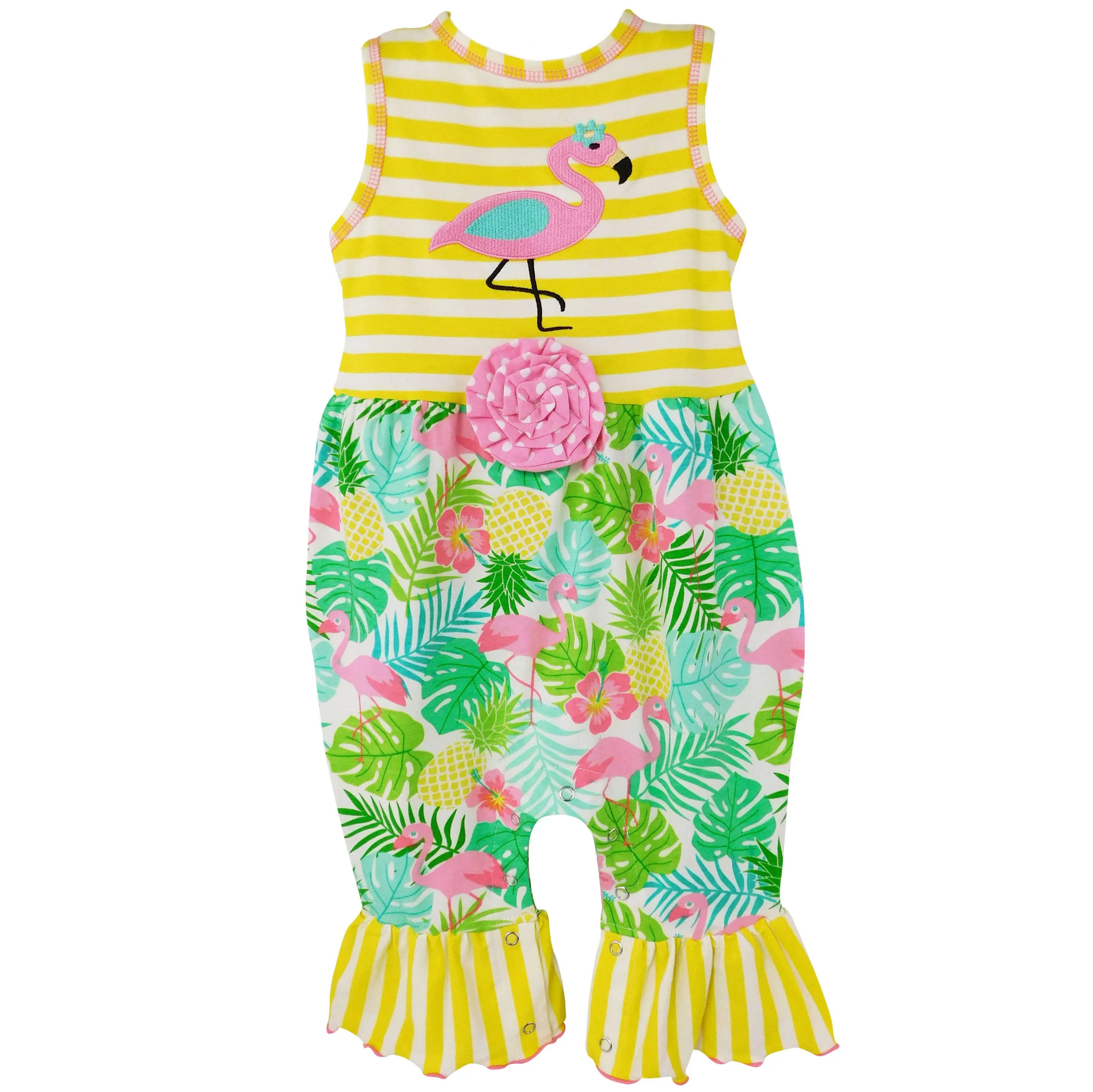 AnnLoren Tropical Flamingo Yellow Stripes Romper