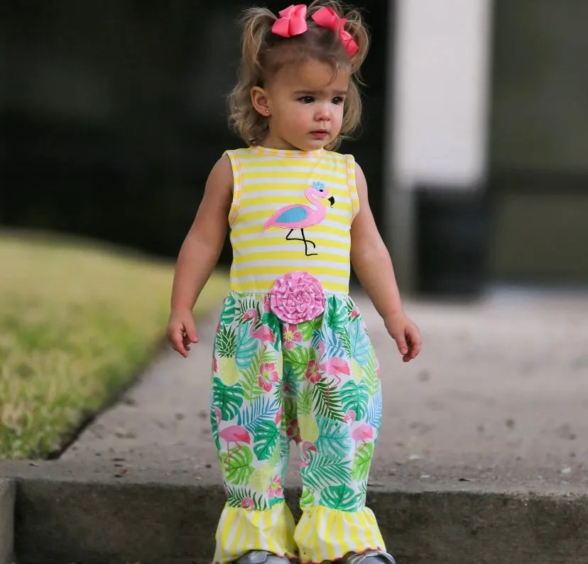 AnnLoren Tropical Flamingo Yellow Stripes Romper