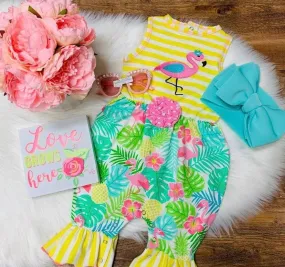 AnnLoren Tropical Flamingo Yellow Stripes Romper