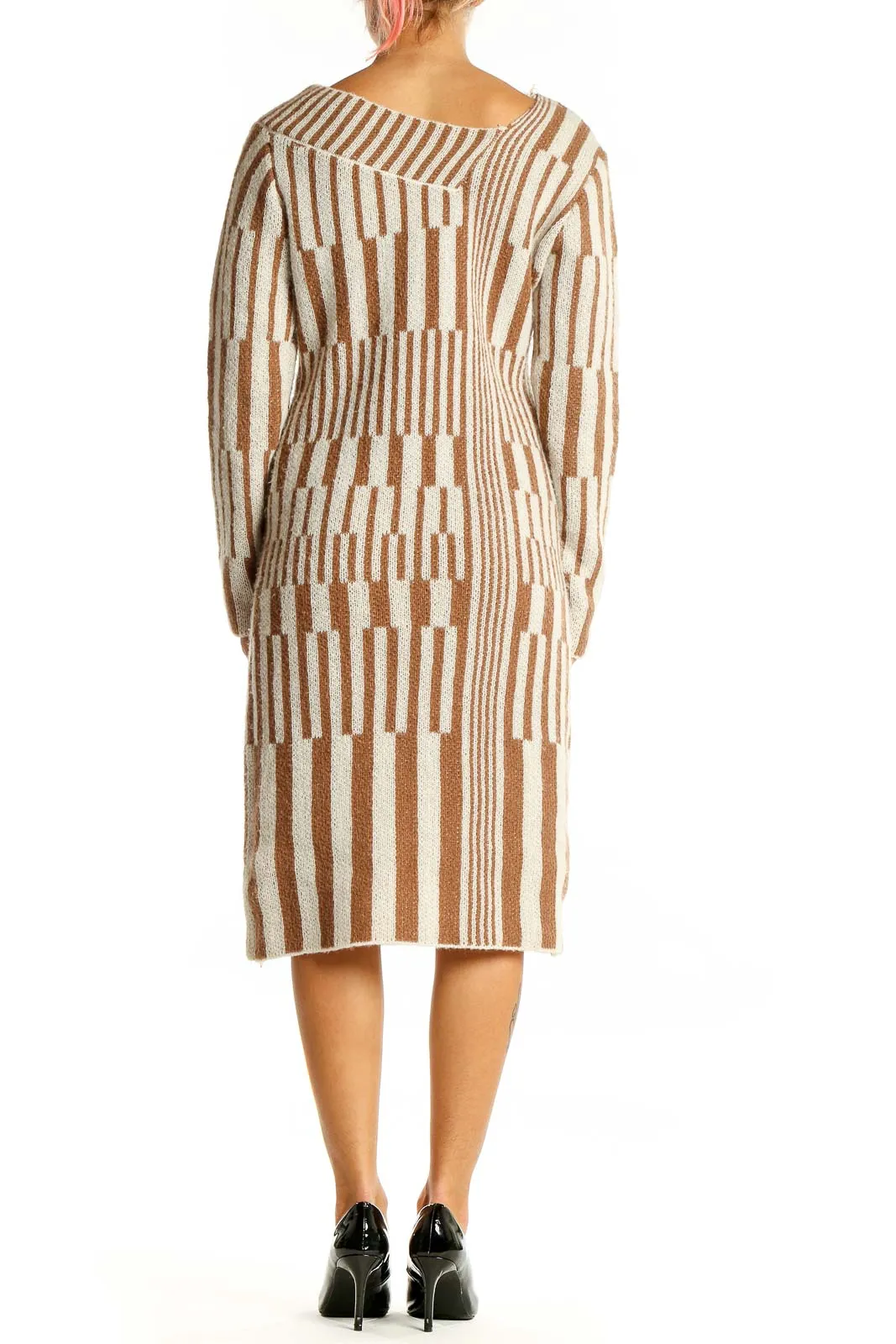 Beige Striped Button-Down Knit Dress