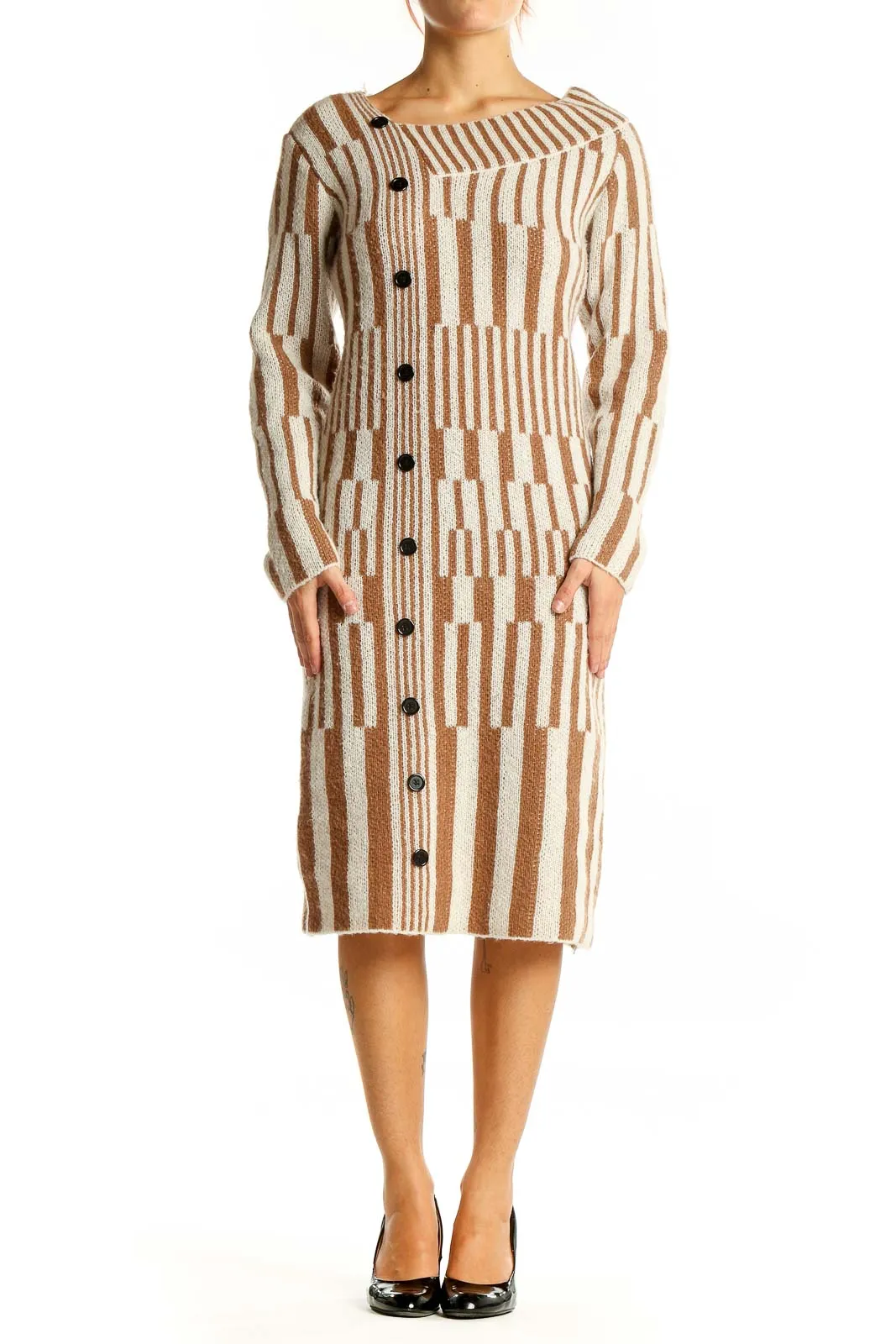 Beige Striped Button-Down Knit Dress