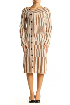 Beige Striped Button-Down Knit Dress