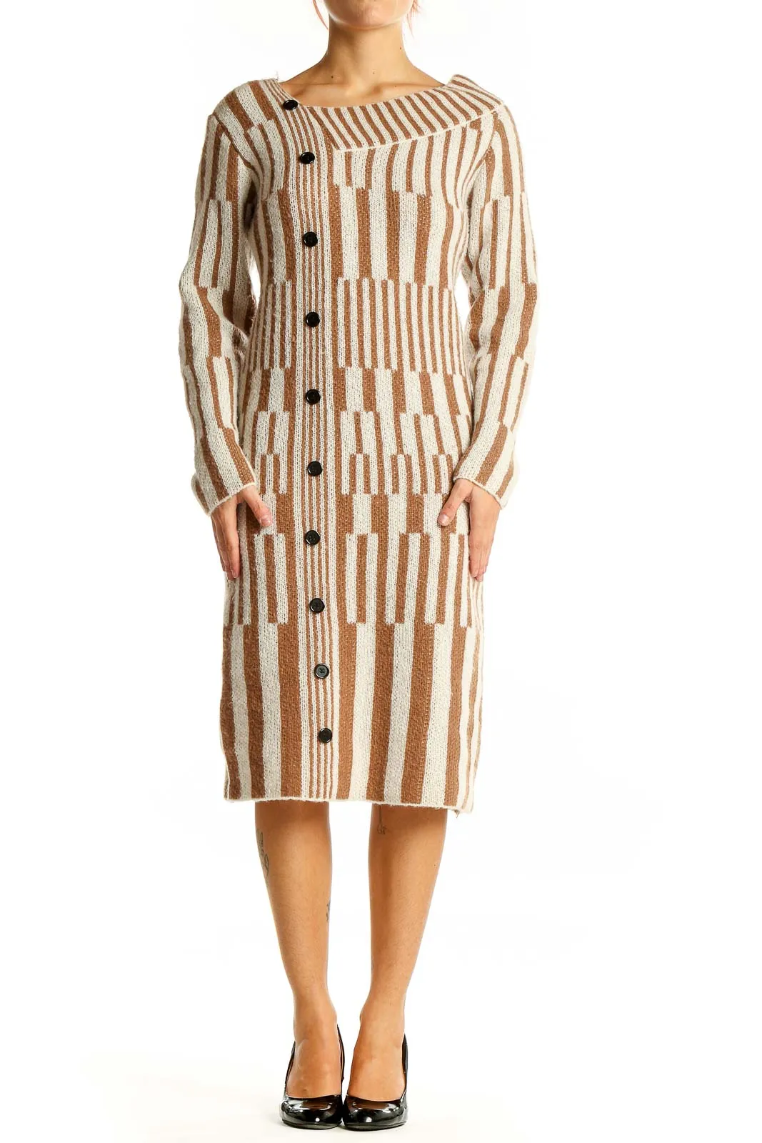 Beige Striped Button-Down Knit Dress