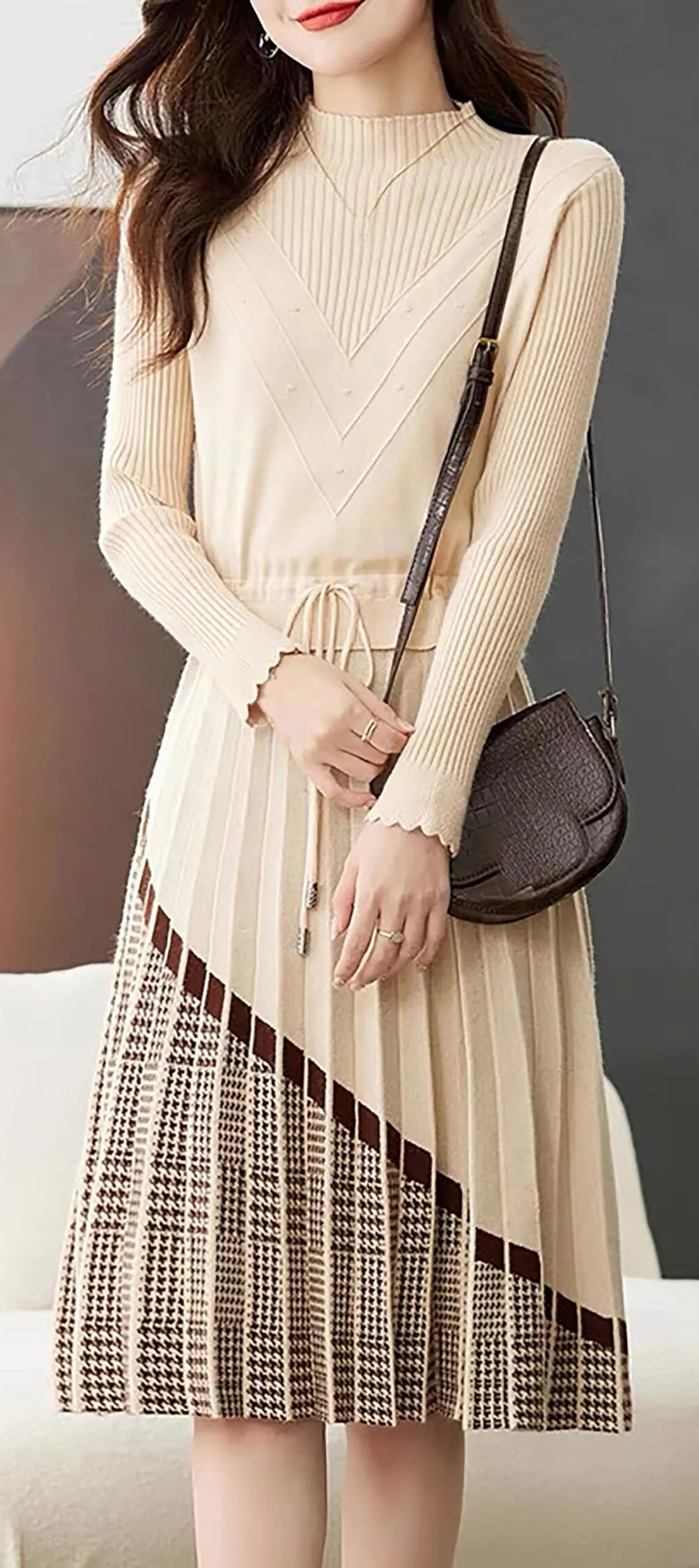 BK-Stripe Drawstring Knit Pullover Midi Dress