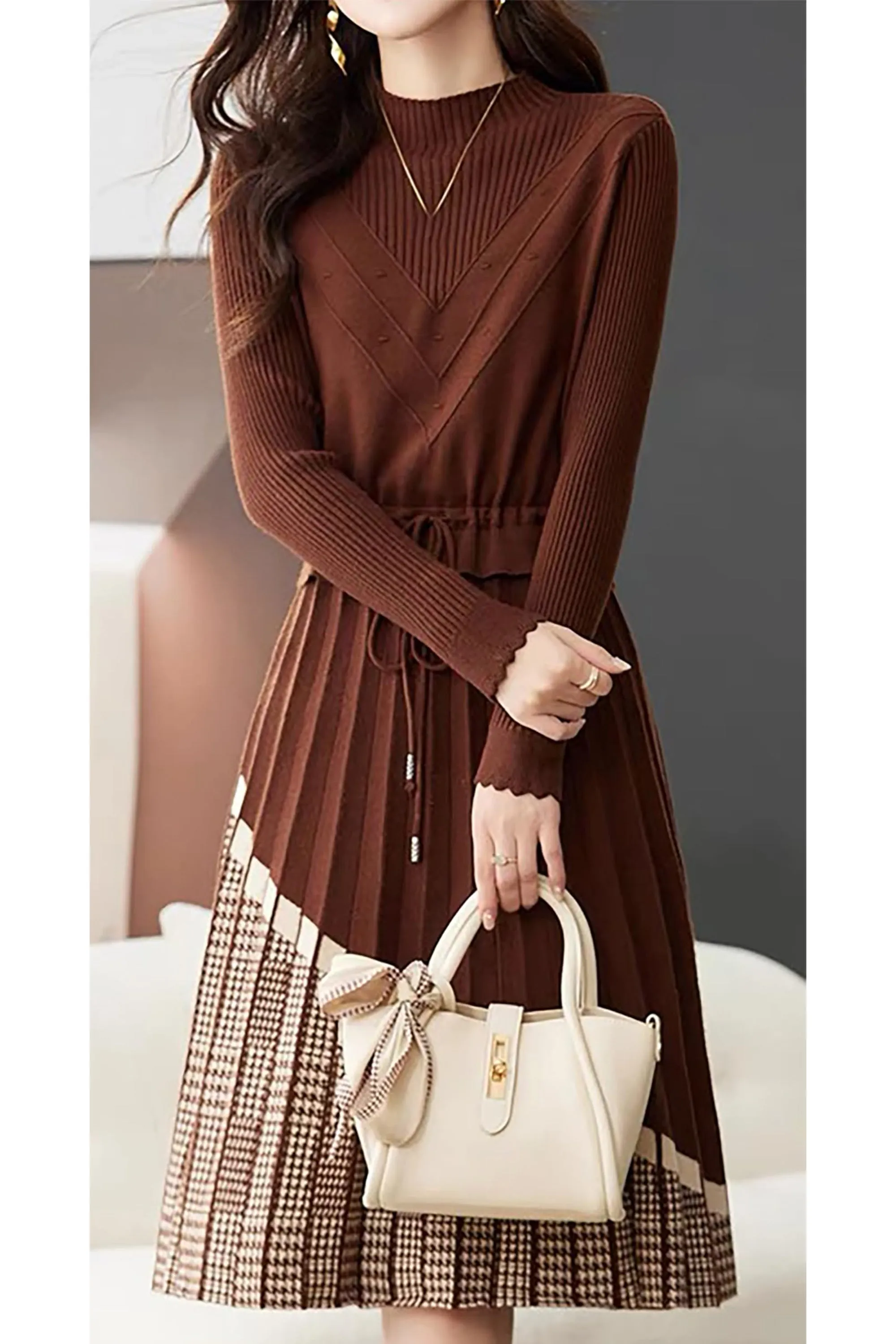 BK-Stripe Drawstring Knit Pullover Midi Dress
