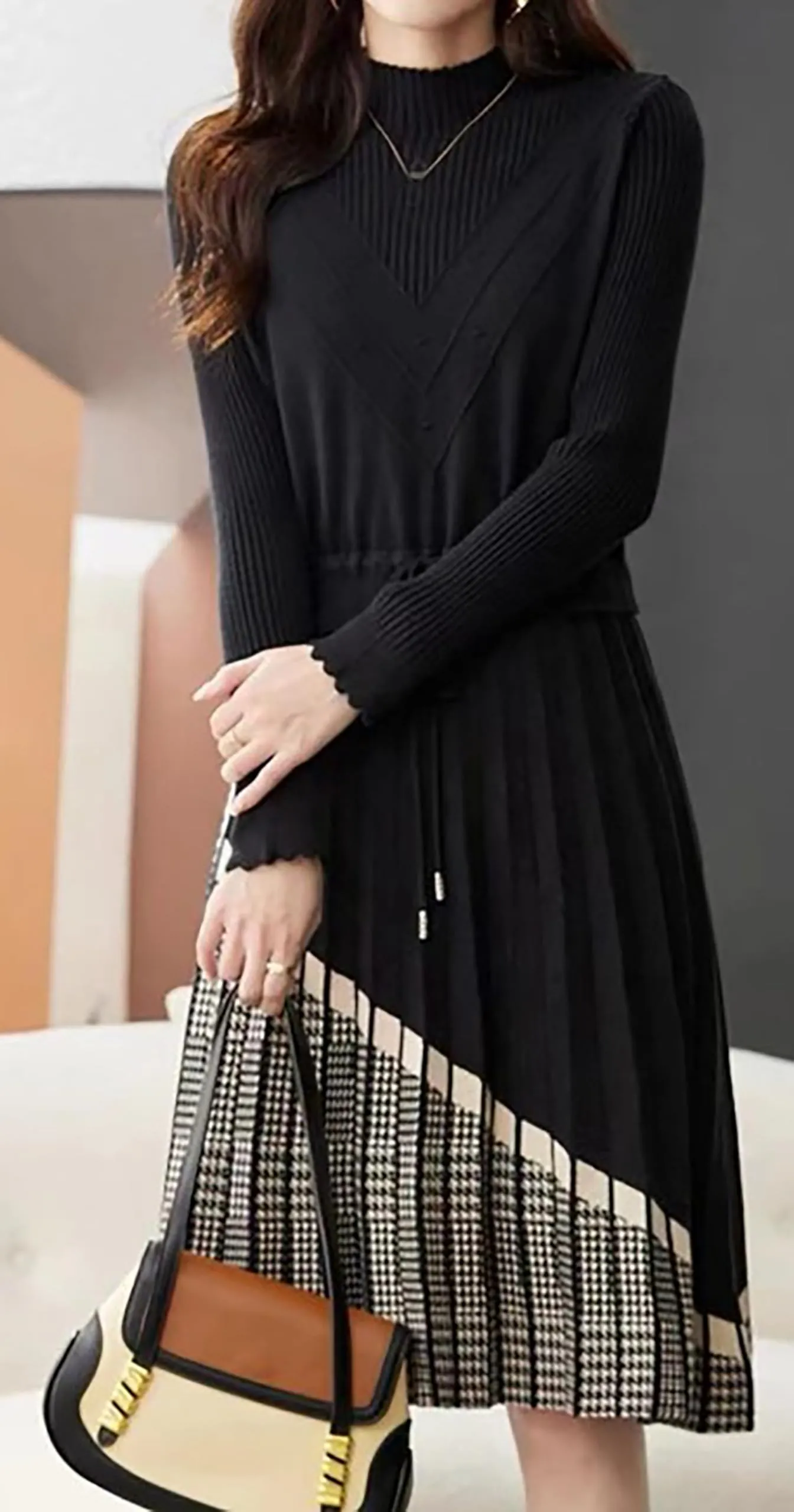 BK-Stripe Drawstring Knit Pullover Midi Dress