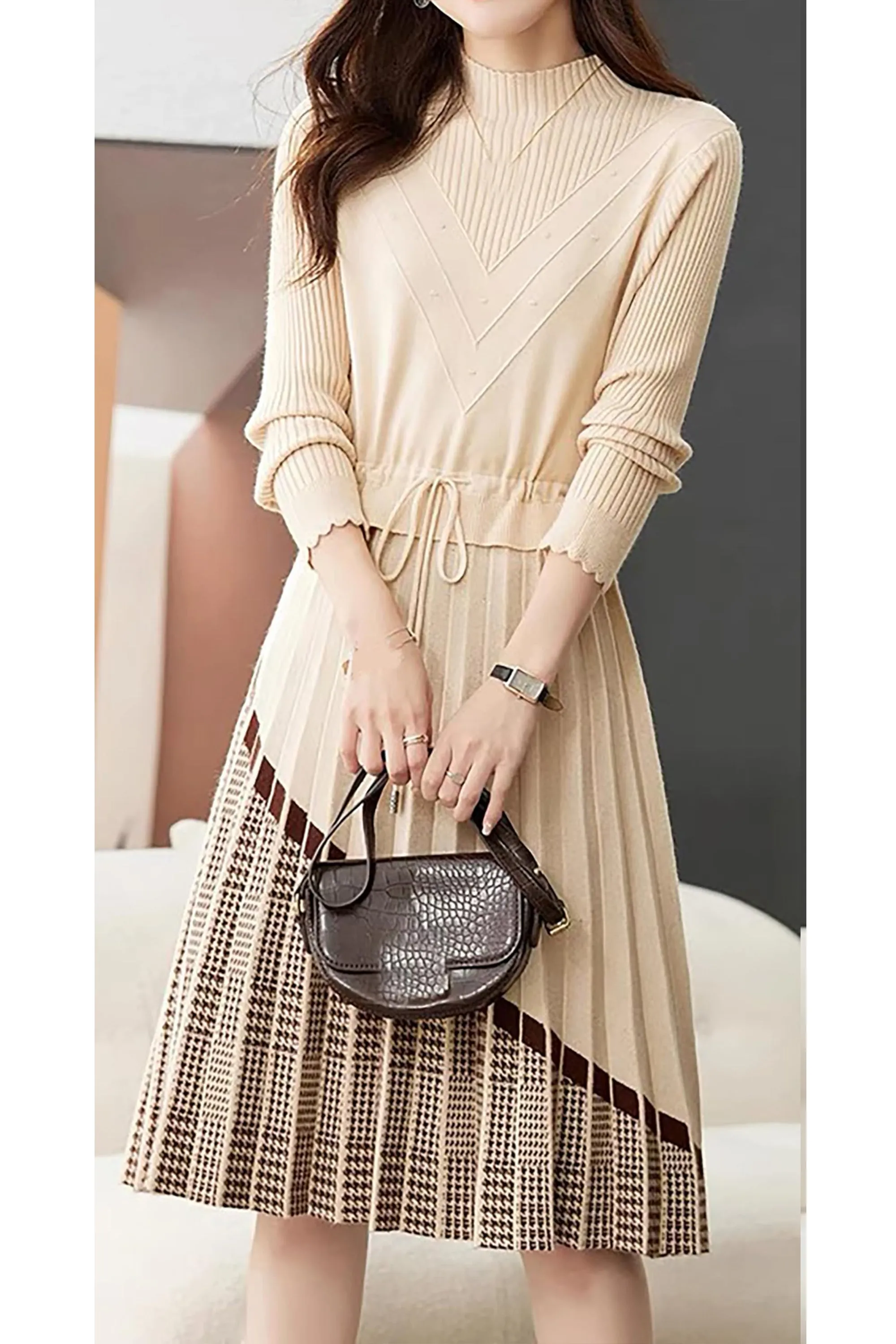 BK-Stripe Drawstring Knit Pullover Midi Dress