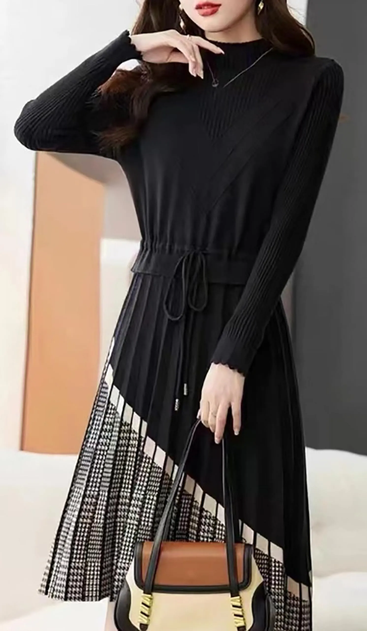 BK-Stripe Drawstring Knit Pullover Midi Dress