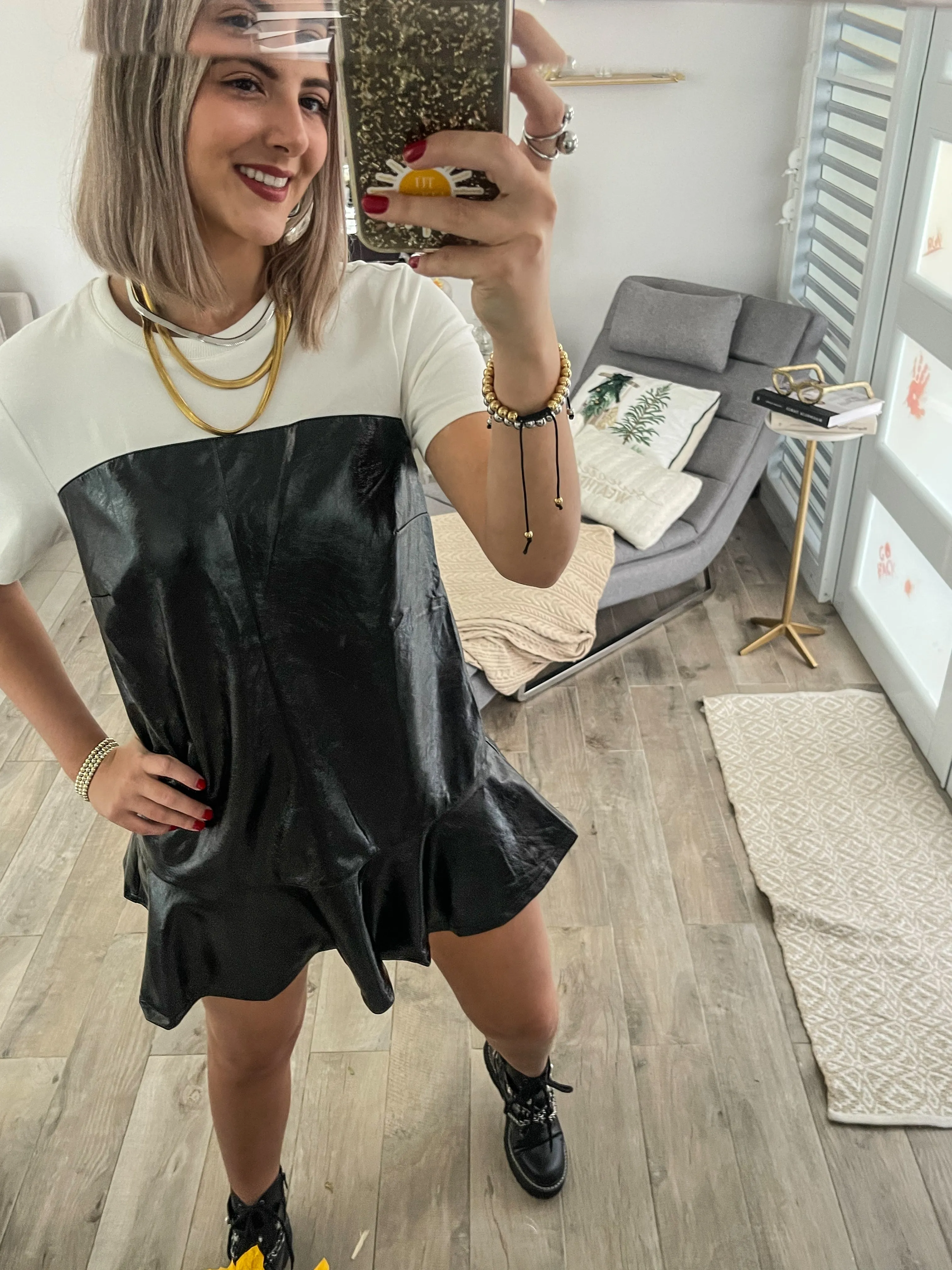 BLACK KNIT & FAUX LEATHER DRESS