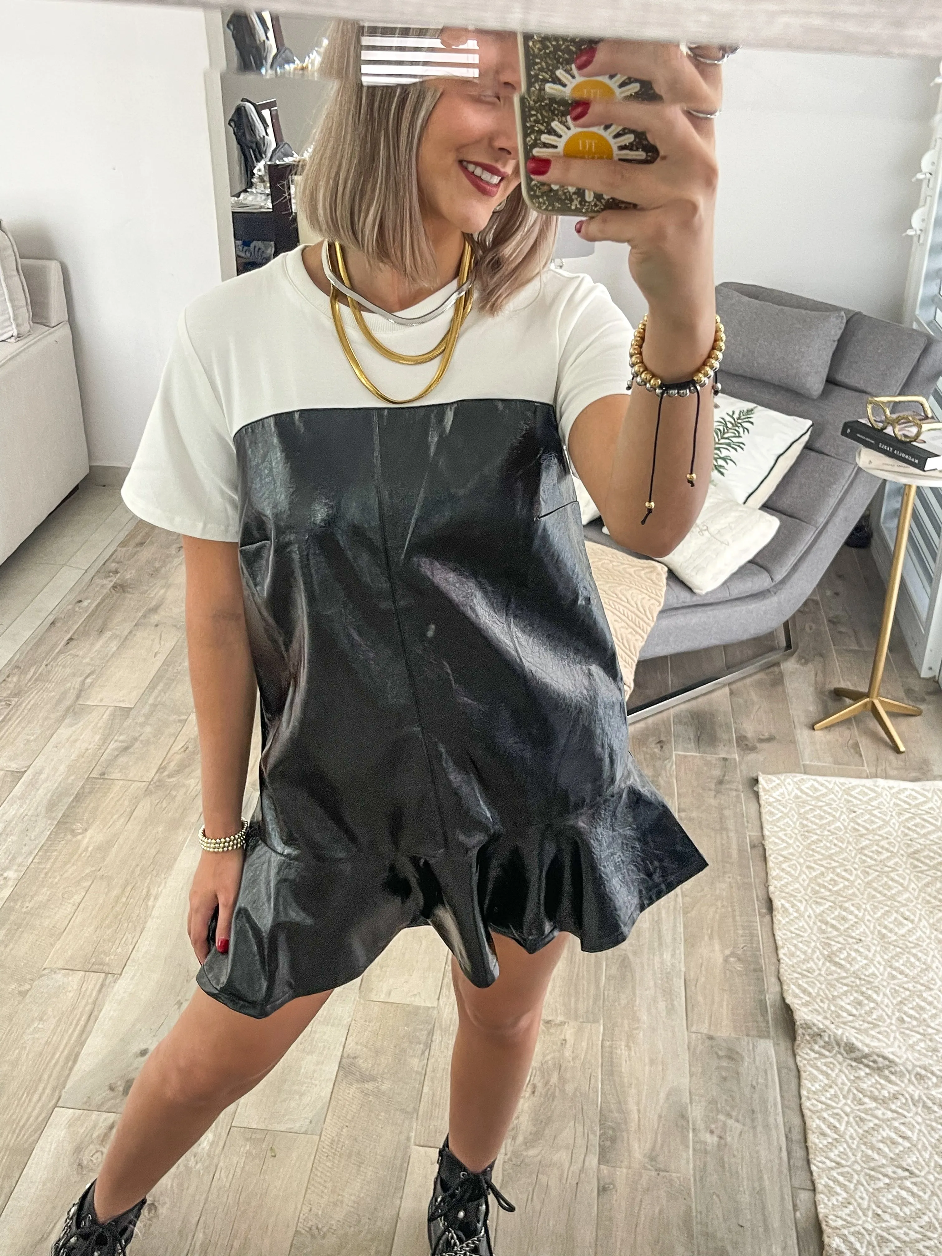 BLACK KNIT & FAUX LEATHER DRESS