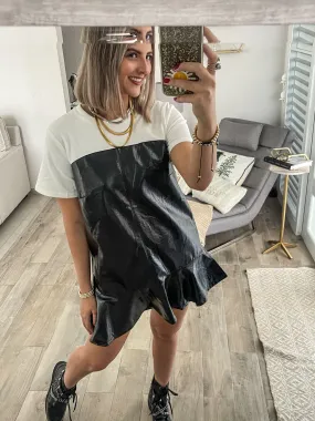 BLACK KNIT & FAUX LEATHER DRESS