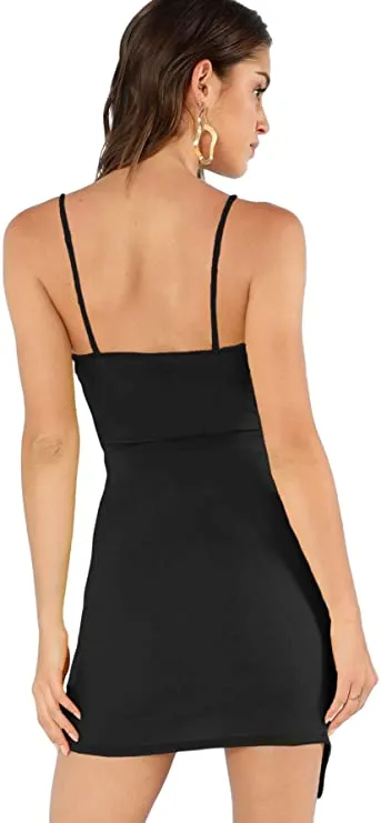 Black Long Sleeve Women's Ruched Asymmetrical Deep V Neck Sleeveless Bodycon Tank Dress - Verdusa