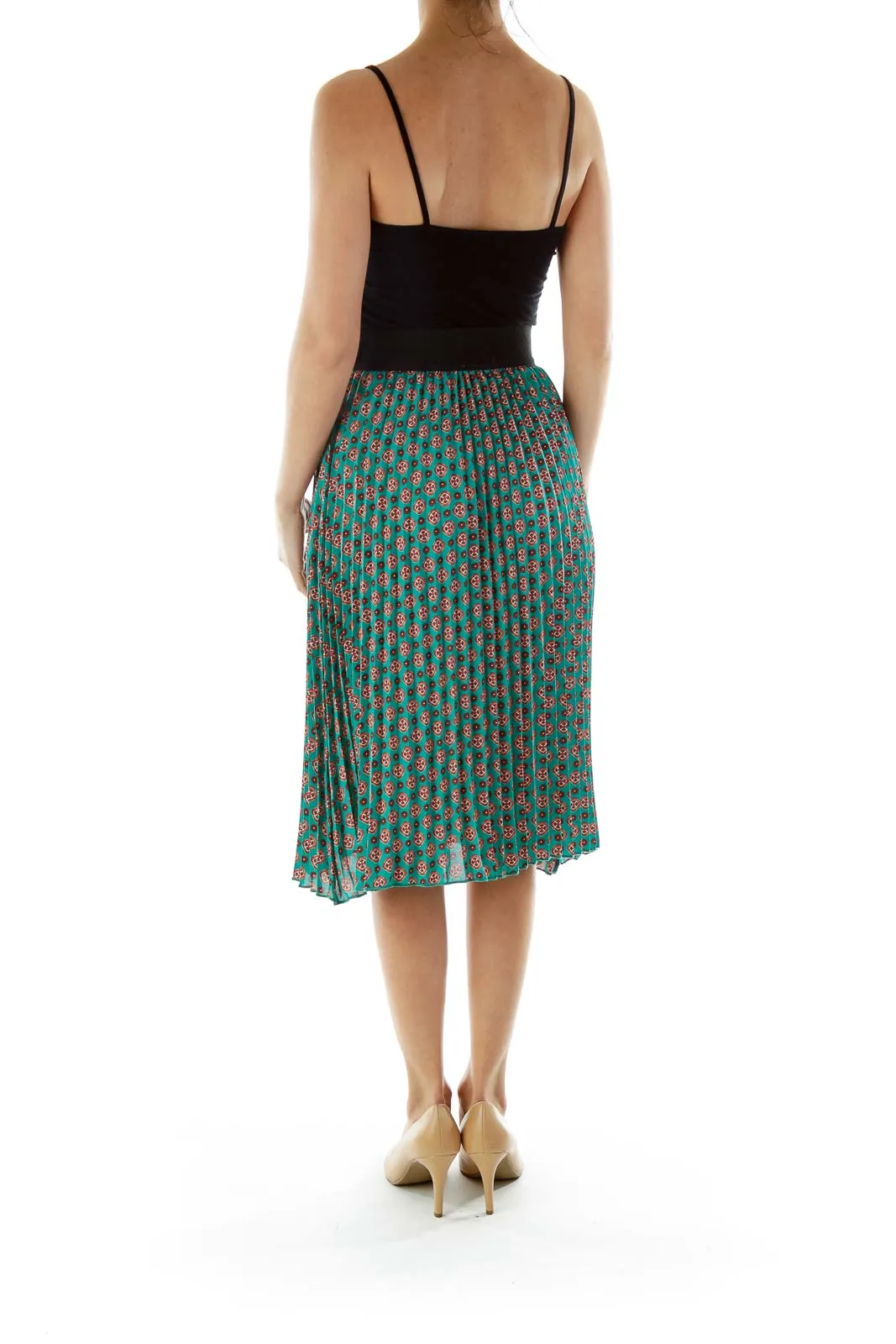 Blue Green Print Pleated Skirt