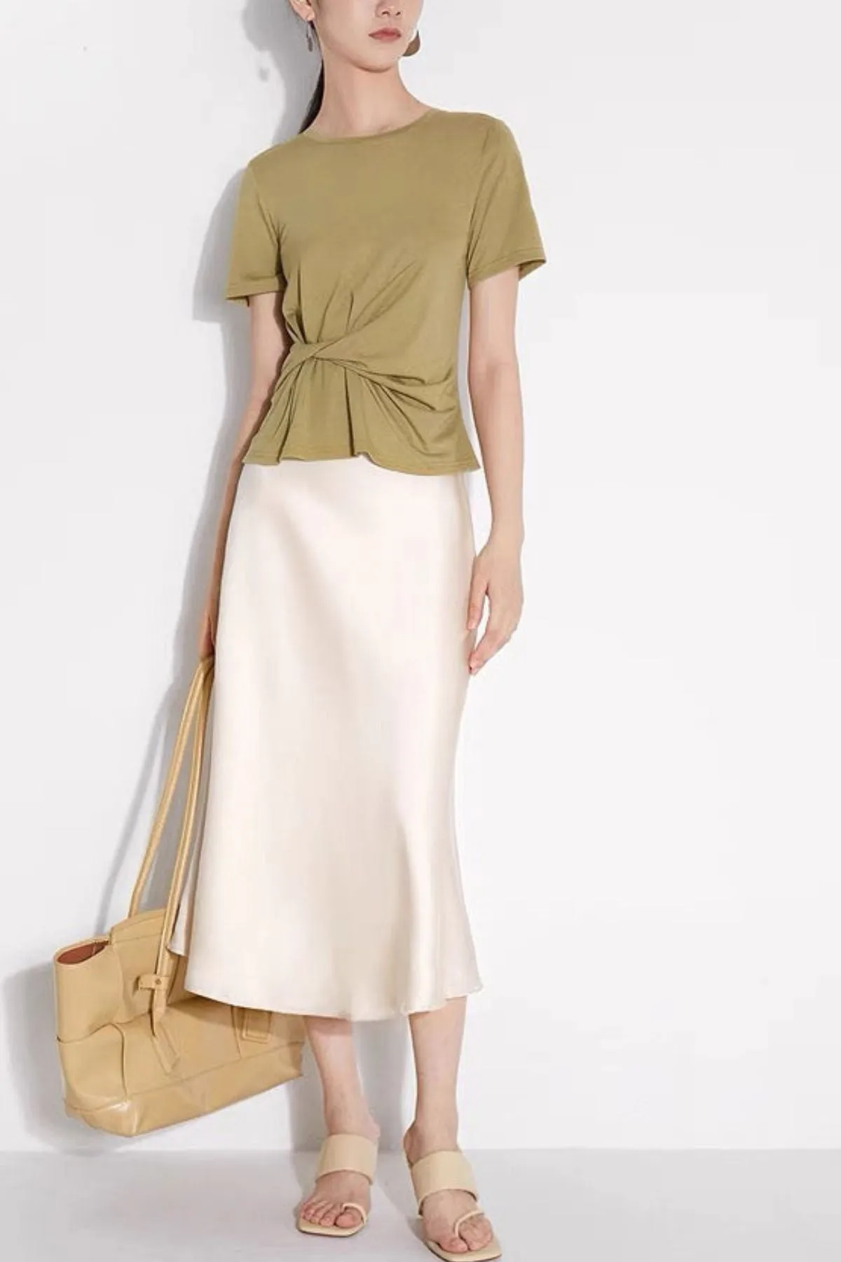 CAROL Satin A-line Flouncy Midi Skirt (Custard Cream)