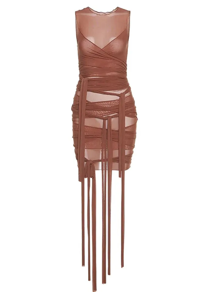 Crisscross Tie Front Sheer Mesh Bodycon Dress