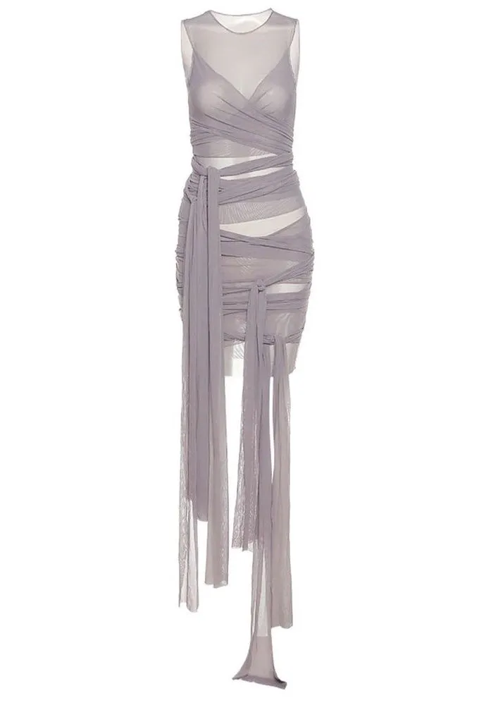 Crisscross Tie Front Sheer Mesh Bodycon Dress