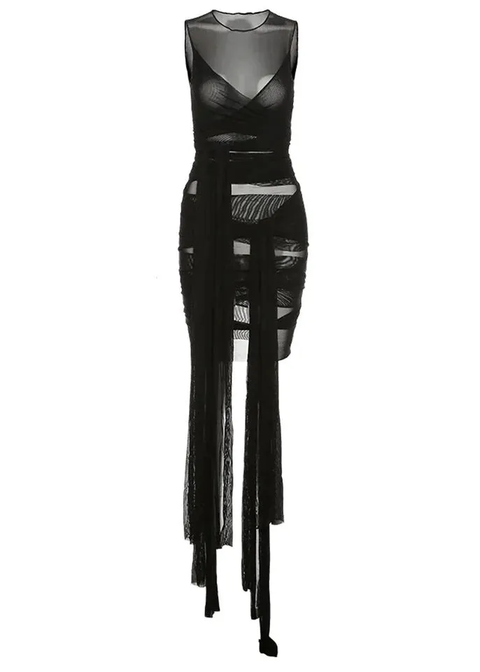 Crisscross Tie Front Sheer Mesh Bodycon Dress