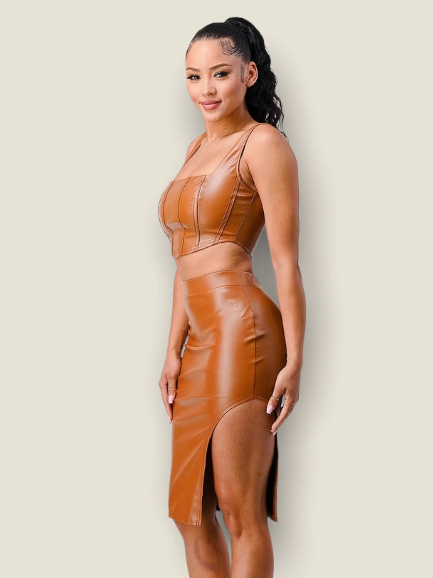Dangerous Duo Midi Skirt Set - Camel