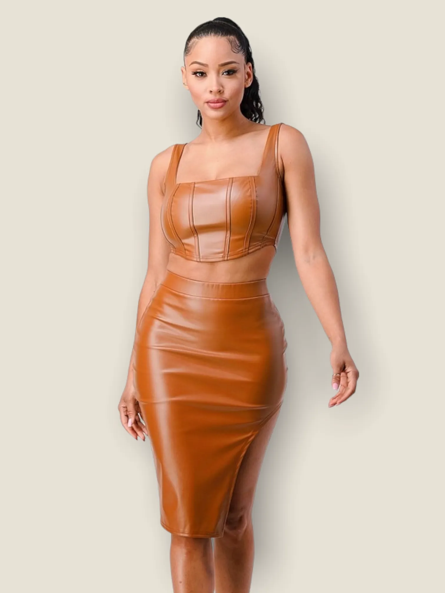 Dangerous Duo Midi Skirt Set - Camel
