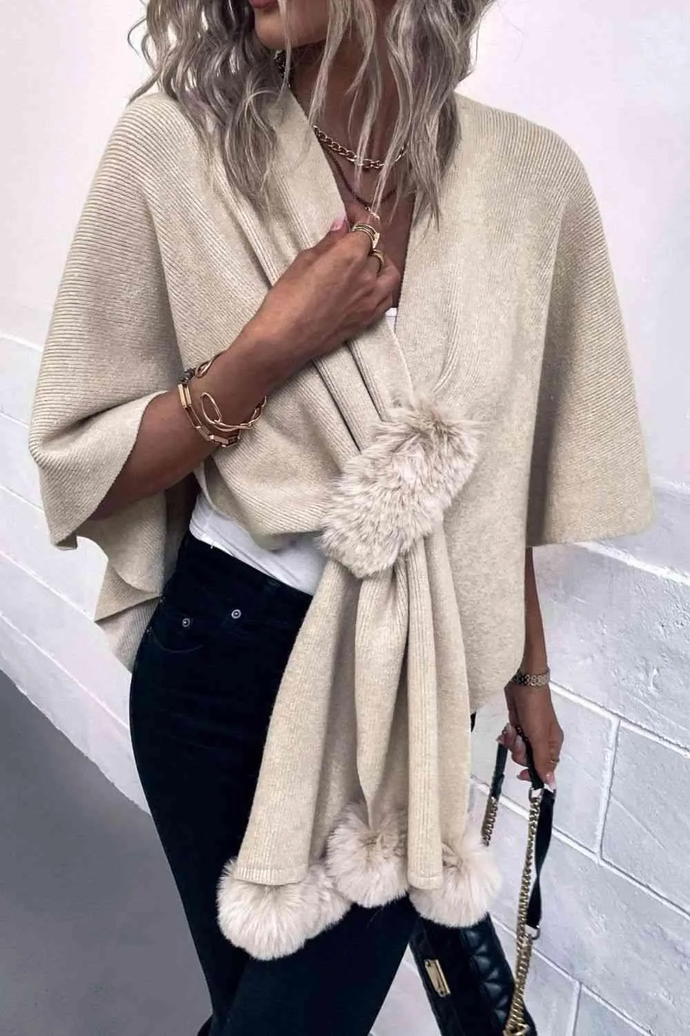 Faux Fur Detail Surplice Neck Pom Pom Poncho