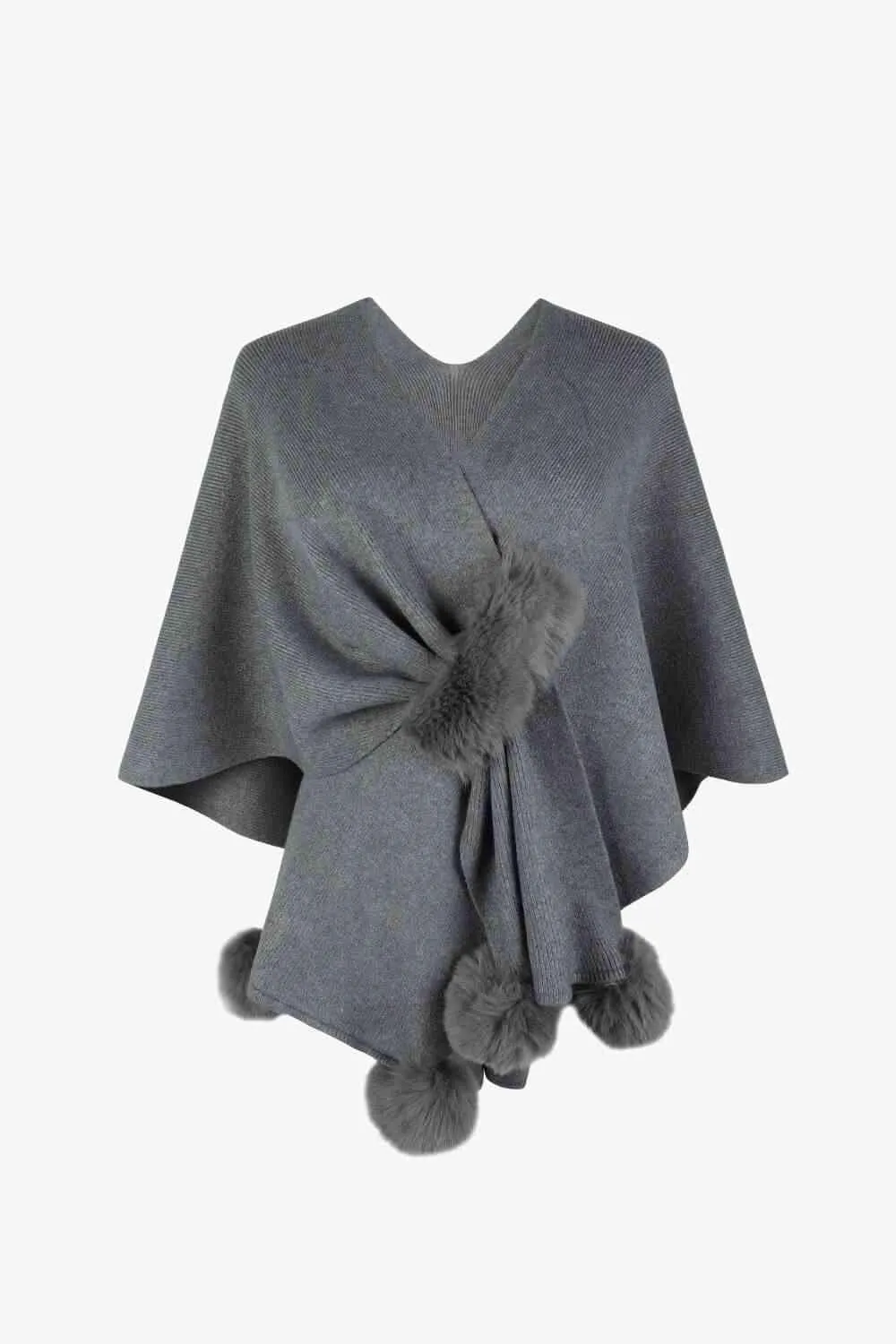 Faux Fur Detail Surplice Neck Pom Pom Poncho