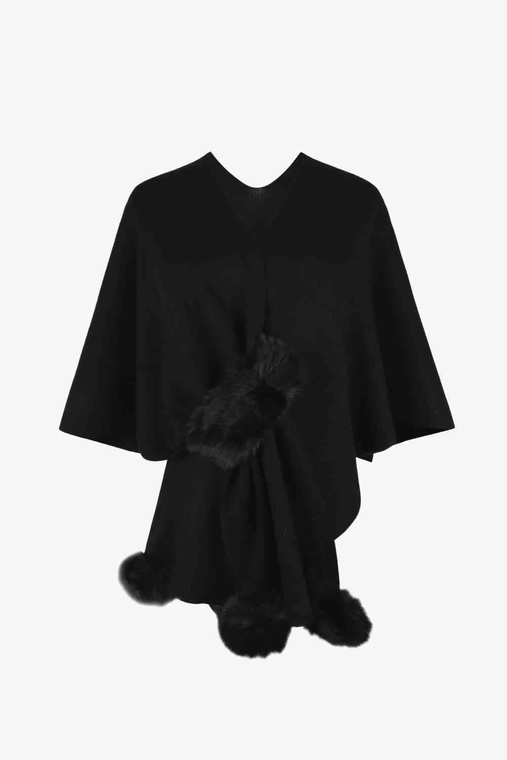 Faux Fur Detail Surplice Neck Pom Pom Poncho