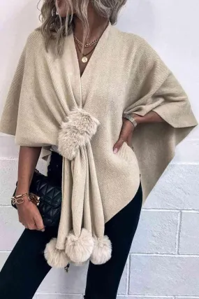 Faux Fur Detail Surplice Neck Pom Pom Poncho