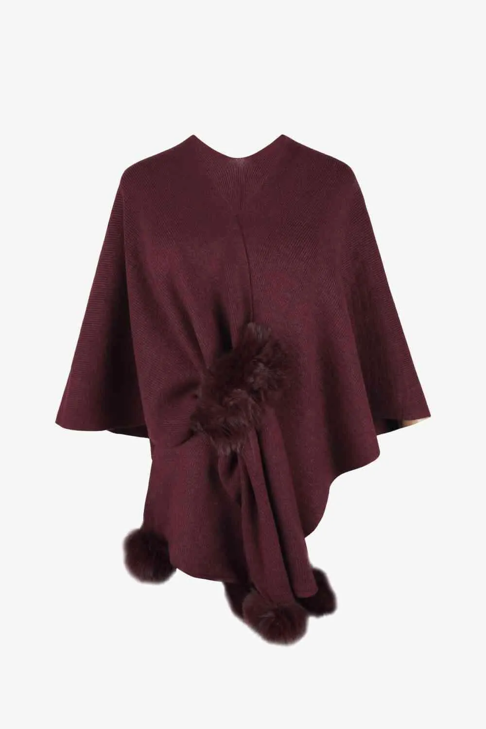 Faux Fur Detail Surplice Neck Pom Pom Poncho