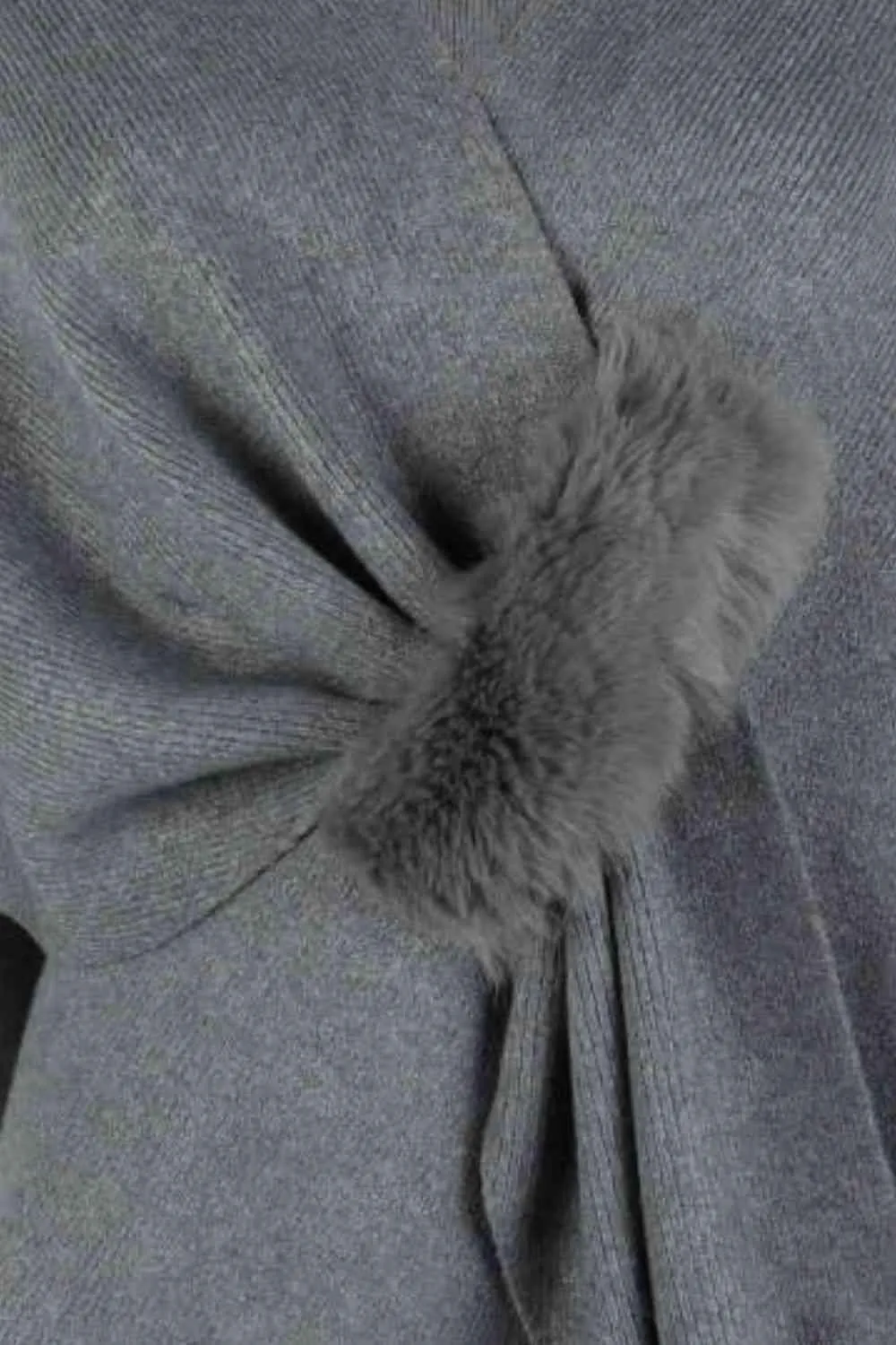 Faux Fur Detail Surplice Neck Pom Pom Poncho