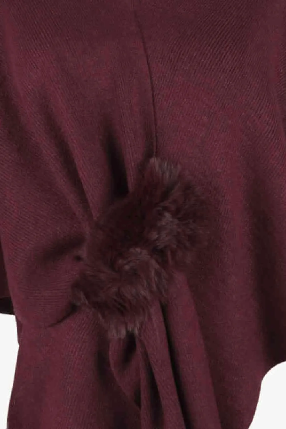 Faux Fur Detail Surplice Neck Pom Pom Poncho