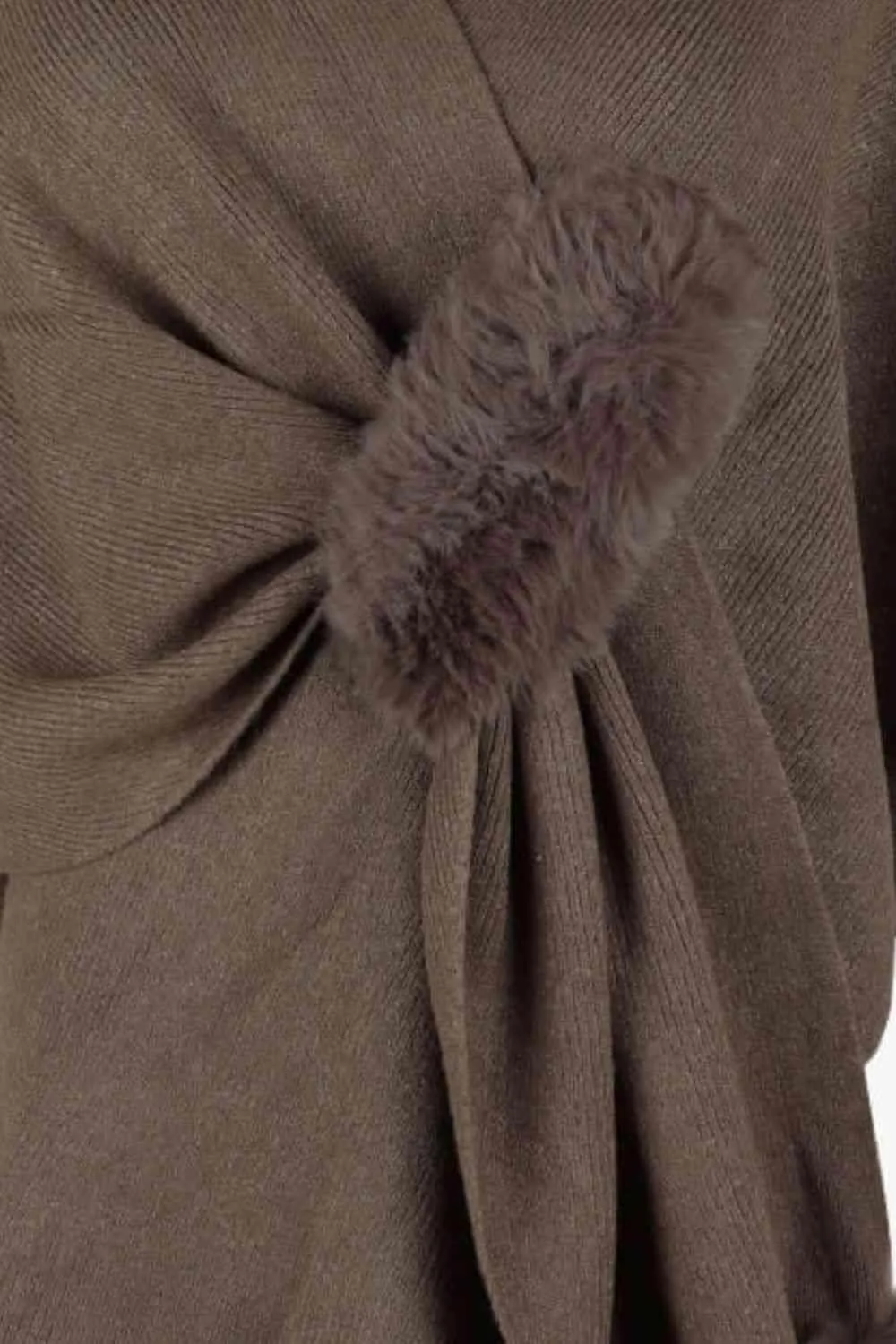 Faux Fur Detail Surplice Neck Pom Pom Poncho