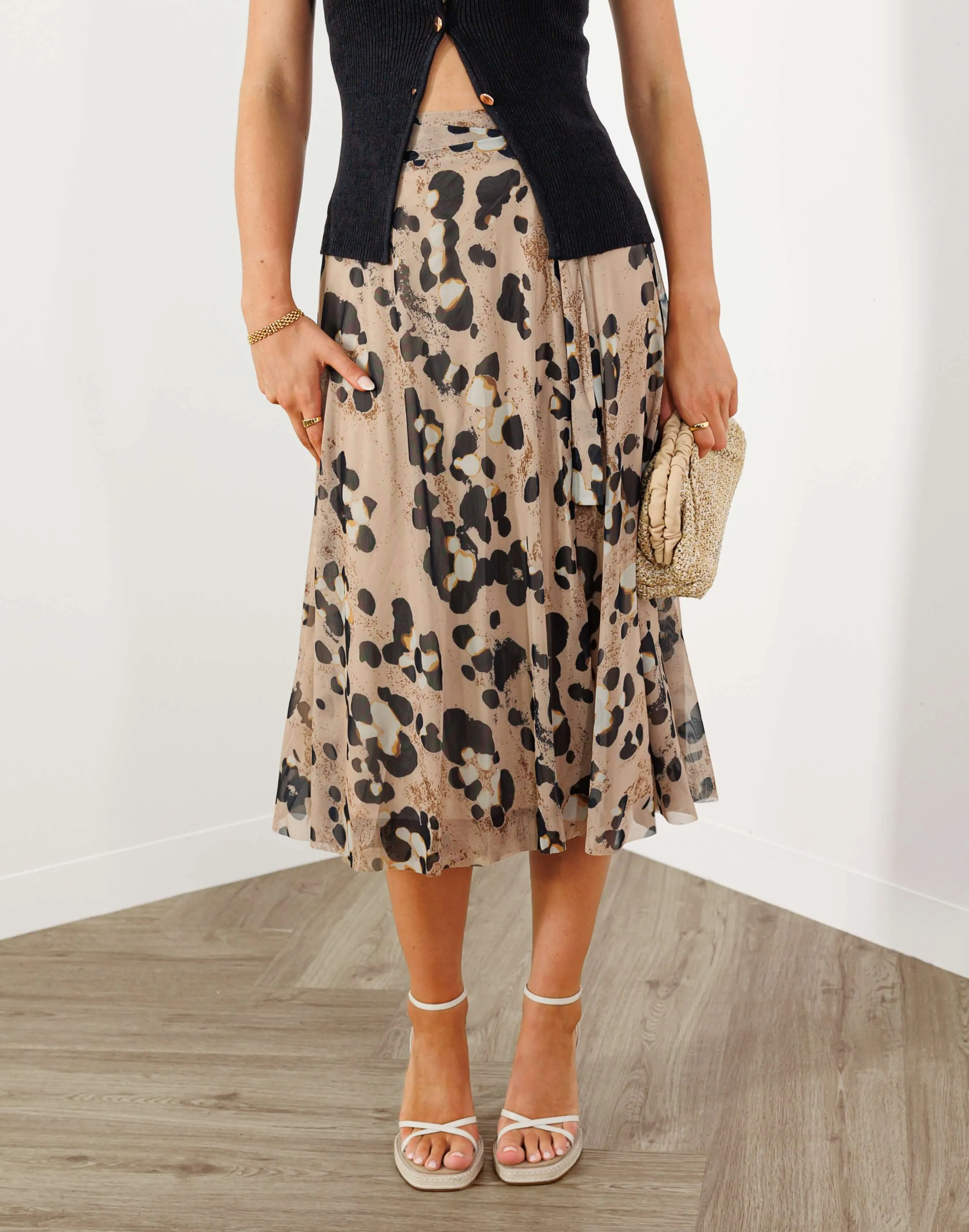 Gia Skirt - High Waist Wrap Mesh Midi - Leopard
