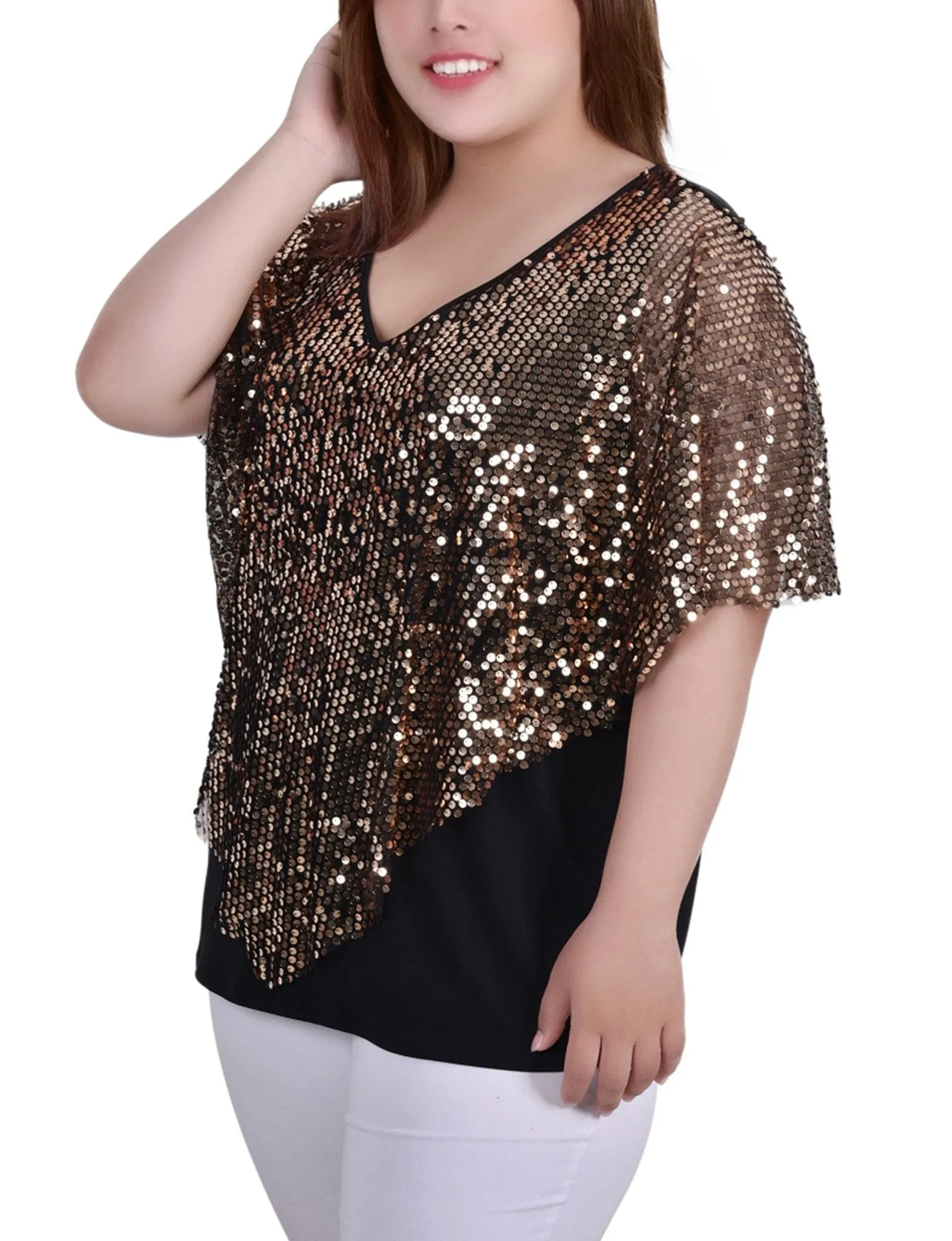 Gold Discoball 3/4 Sleeve Blouse With Necklace - Petite