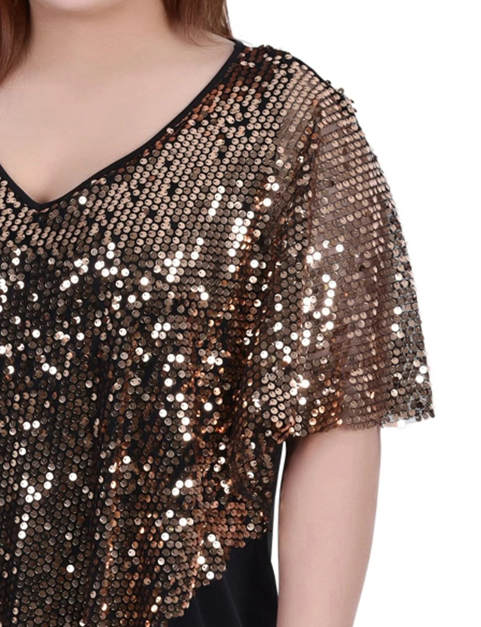 Gold Discoball 3/4 Sleeve Blouse With Necklace - Petite