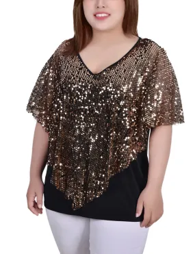 Gold Discoball 3/4 Sleeve Blouse With Necklace - Petite