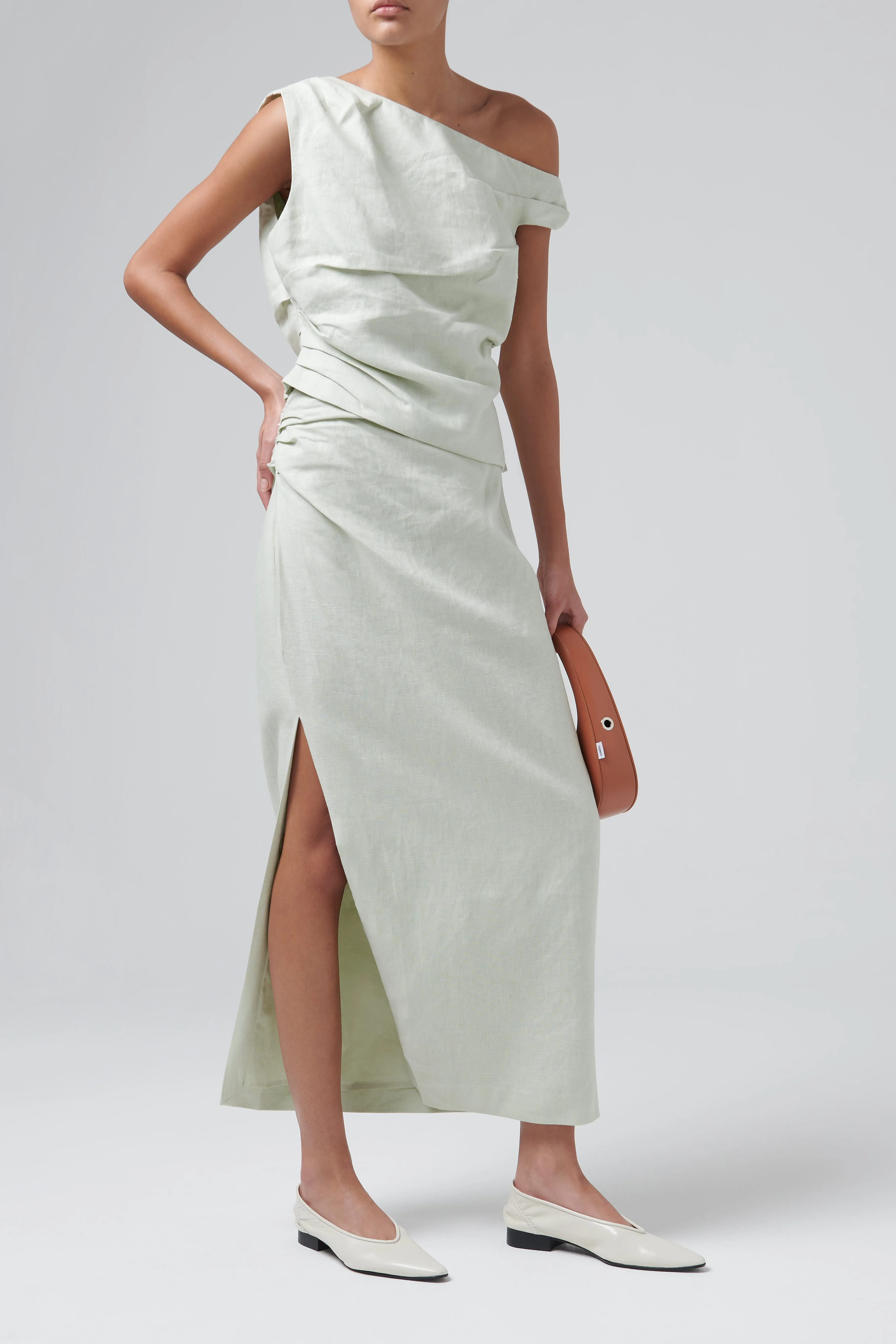 Green Iris Asymmetric Linen Midi Skirt