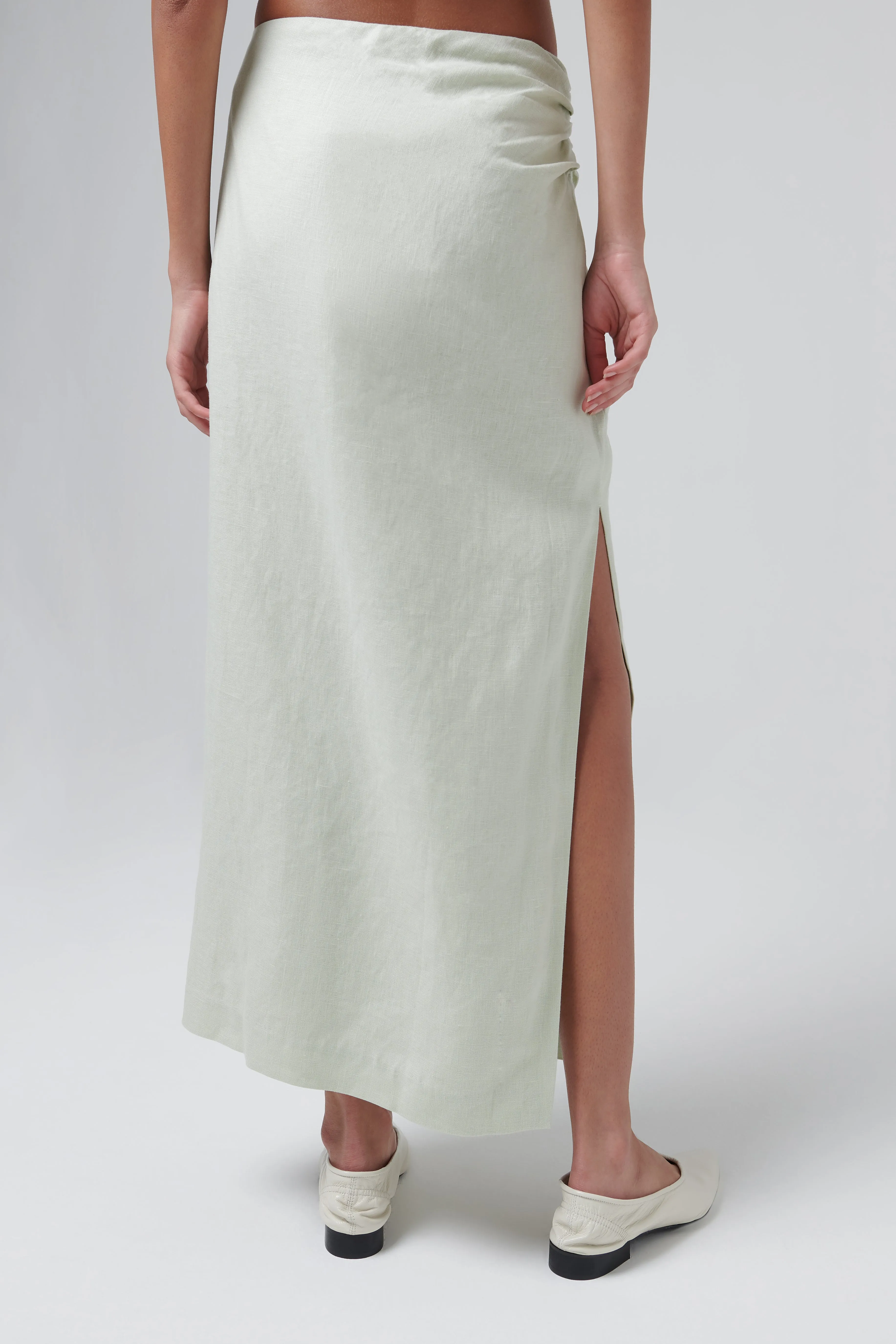 Green Iris Asymmetric Linen Midi Skirt