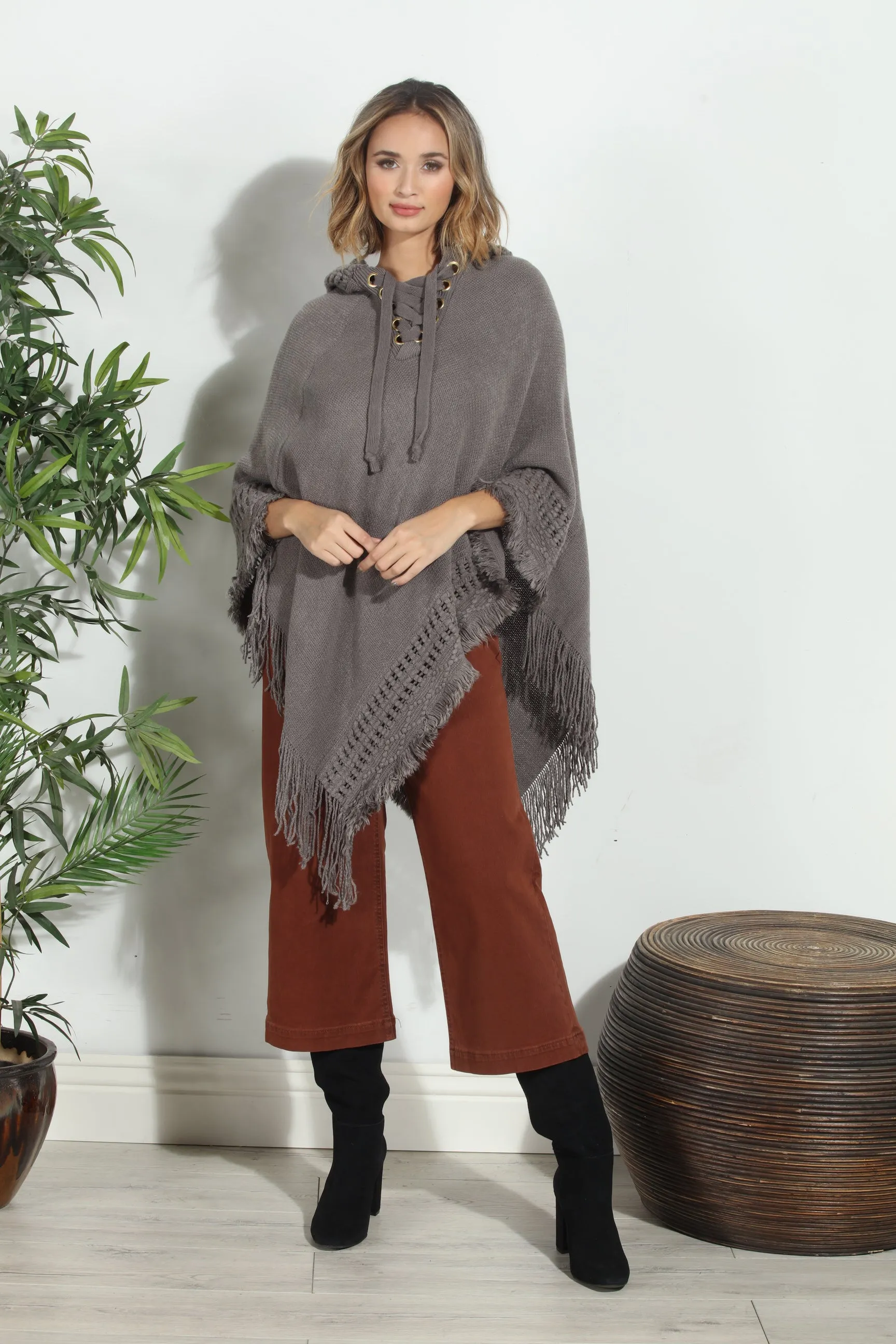 Grey Cozy Tassel Poncho