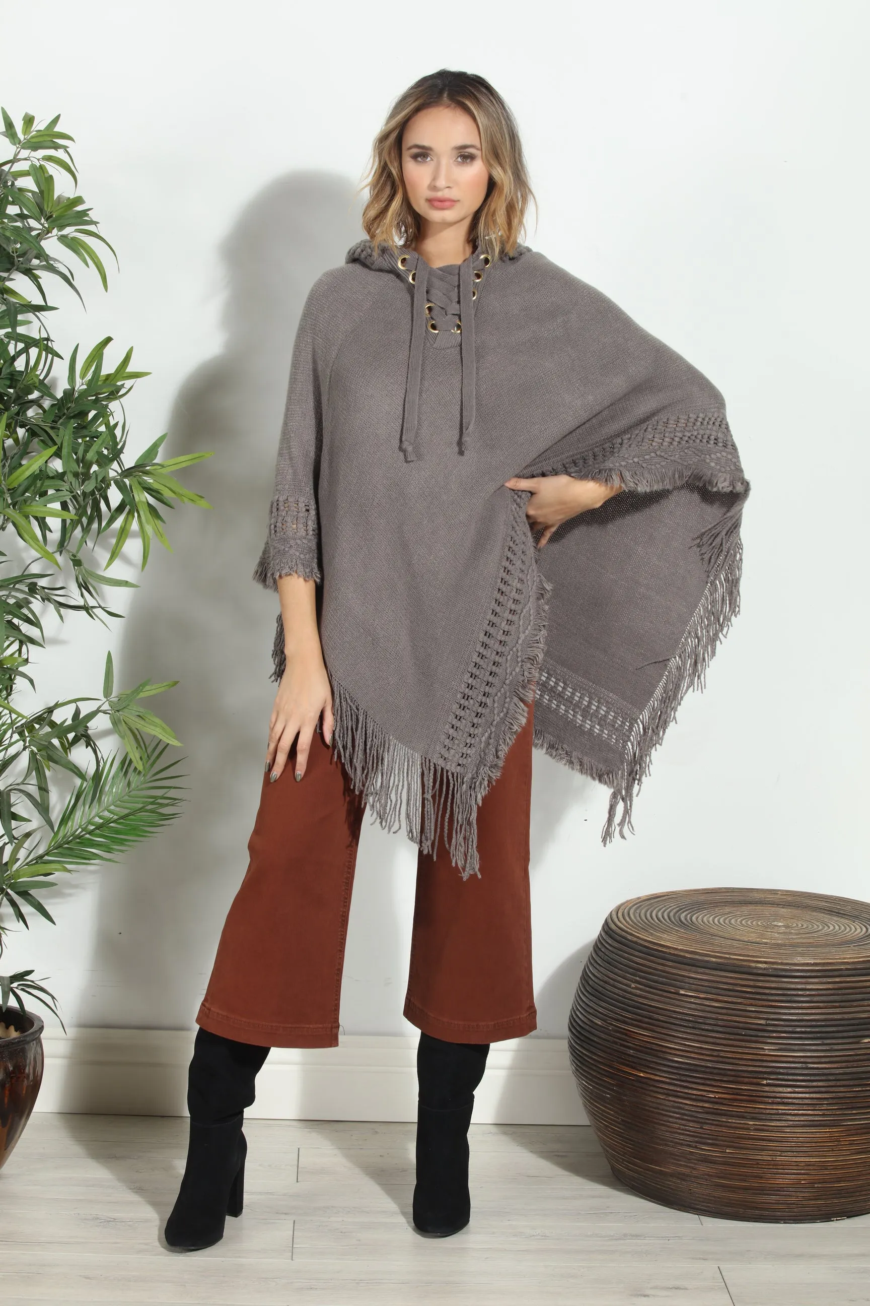 Grey Cozy Tassel Poncho