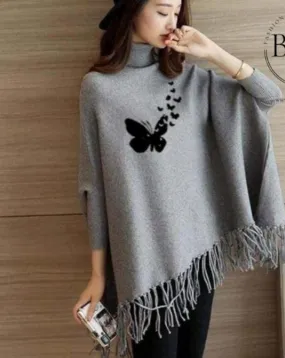 Grey Flying Butterfly Printed Poncho