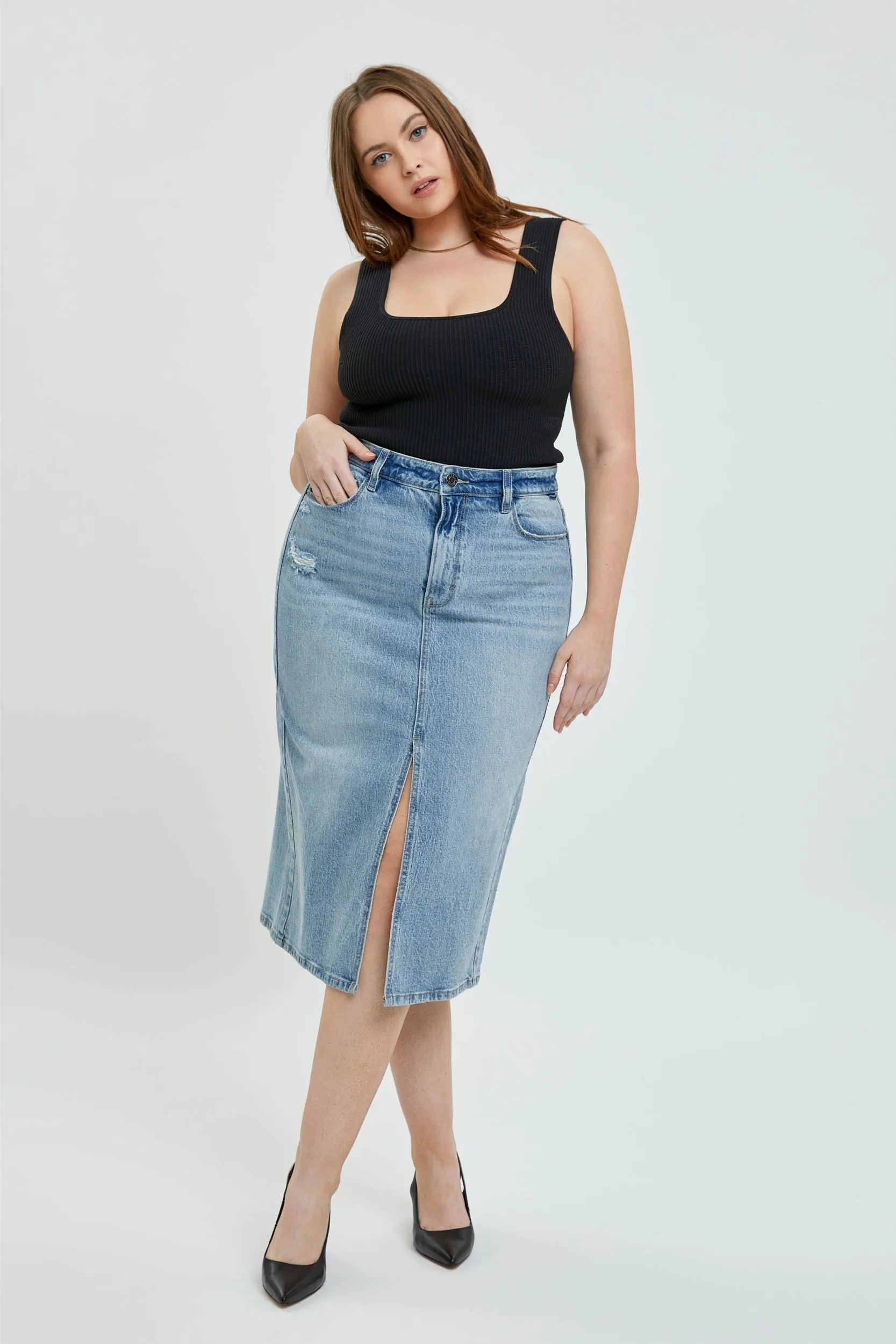 Helen Plus High-Rise Midi Skirt with Front Slit