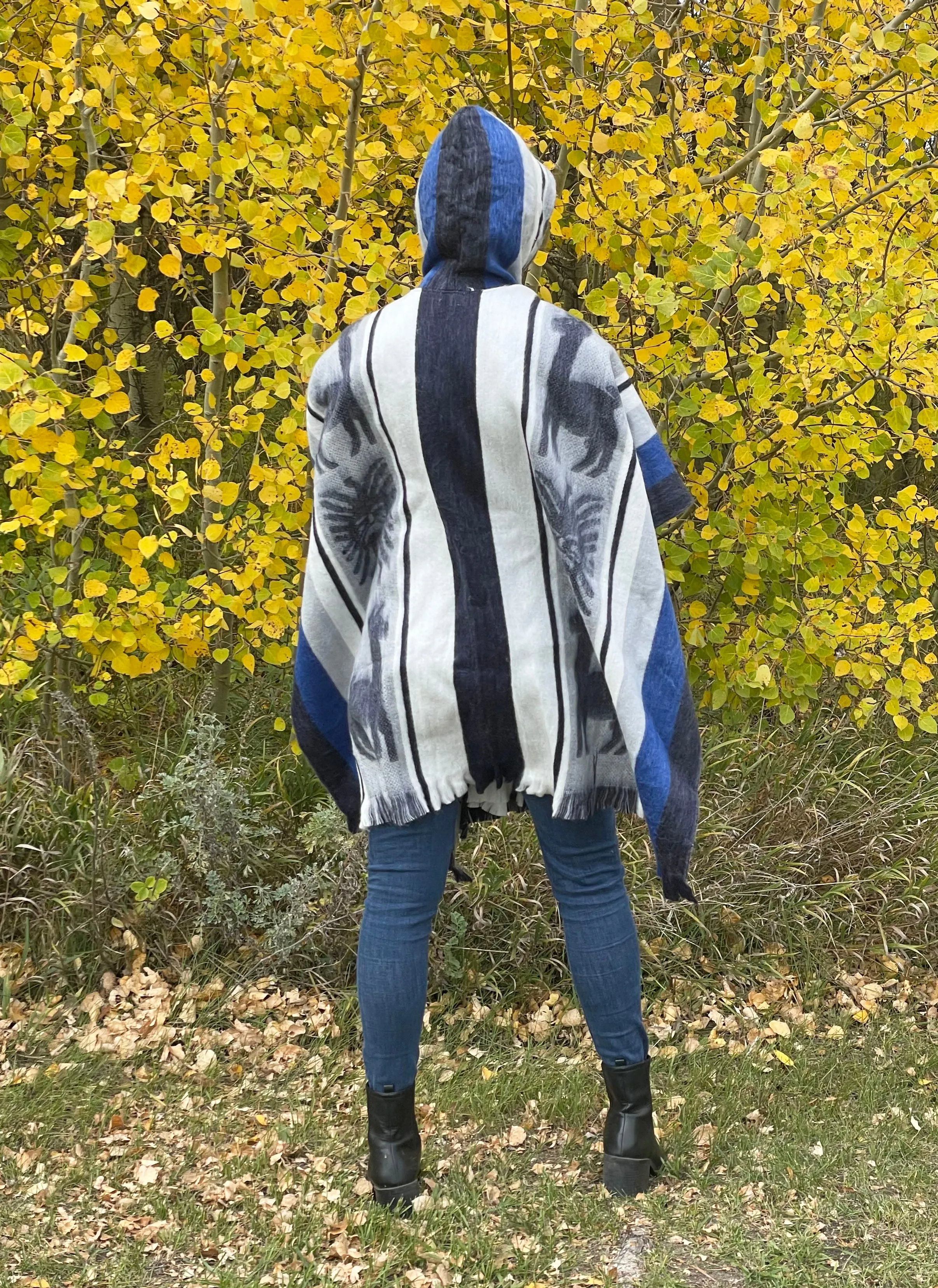 Hooded Artisan Boho Alpaca Fiber Pullover Poncho