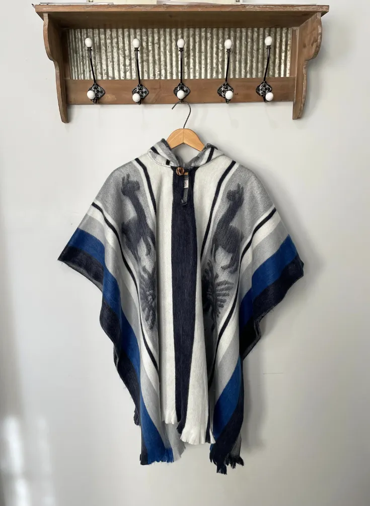 Hooded Artisan Boho Alpaca Fiber Pullover Poncho