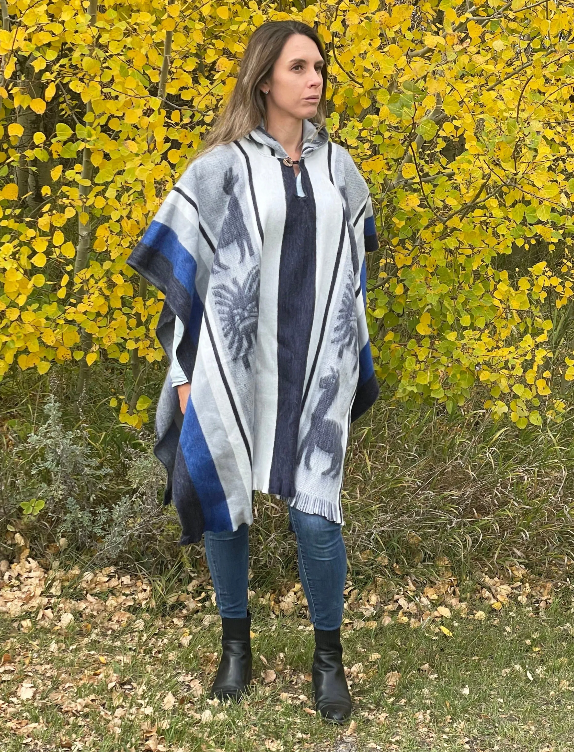 Hooded Artisan Boho Alpaca Fiber Pullover Poncho