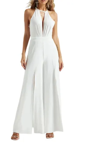 IKIA White Sexy V Cut Out Bodycon Jumpsuit