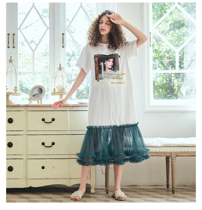JAM PRINCESS OVERSIZED FRILL HEM T SHIRT DRESS IN WHITE