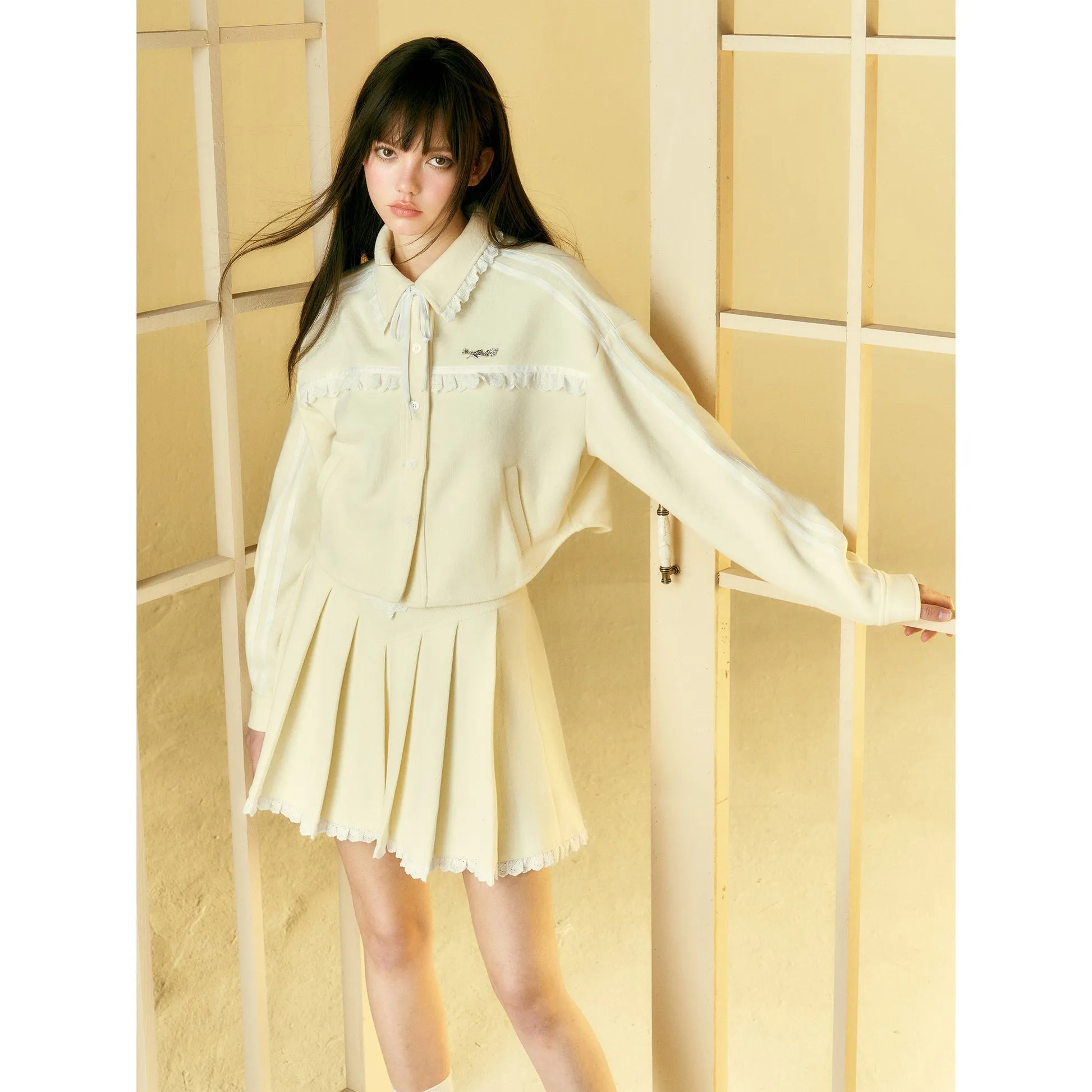 Lace Stitch Shirt Jacket & Pleated Skirt