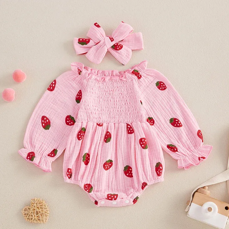 Long Sleeve Strawberry Print Romper Set